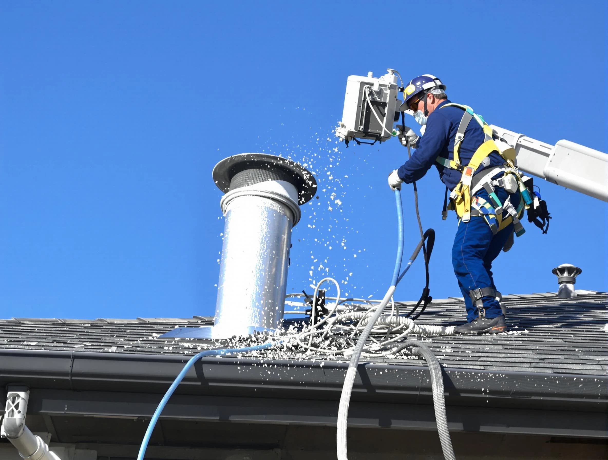 Marshfield Dryer Vent Cleaning certified technician safely cleaning a roof-mounted dryer vent in Marshfield