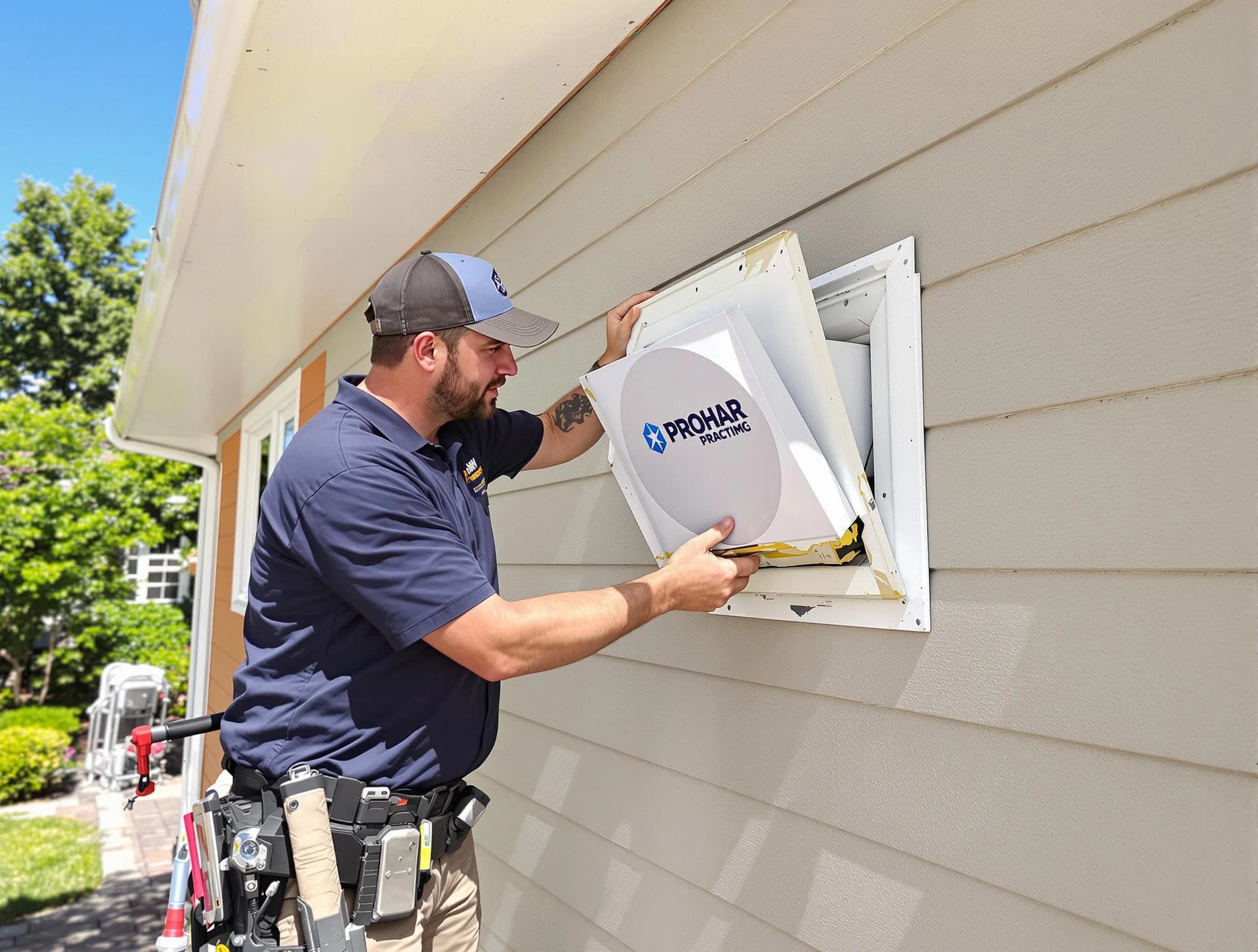 Marshfield Dryer Vent Cleaning technician installing a new protective dryer vent cover on a home in Marshfield