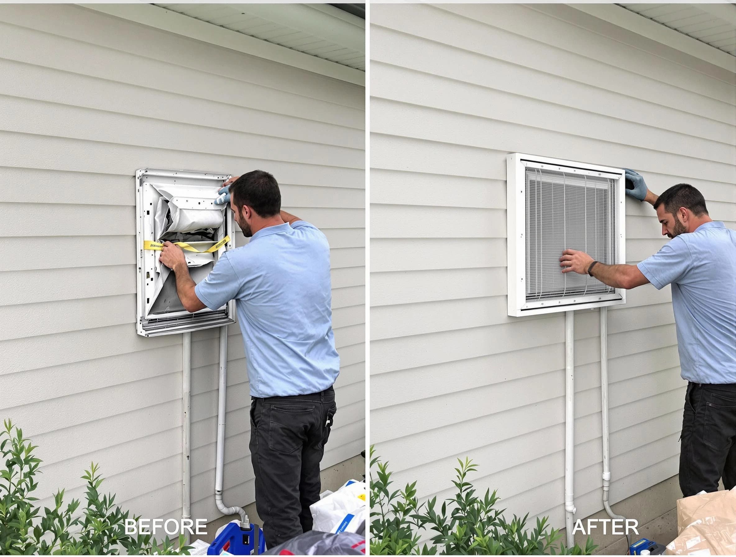 Marshfield Dryer Vent Cleaning technician installing high-quality dryer vent cover at a residential property in Marshfield