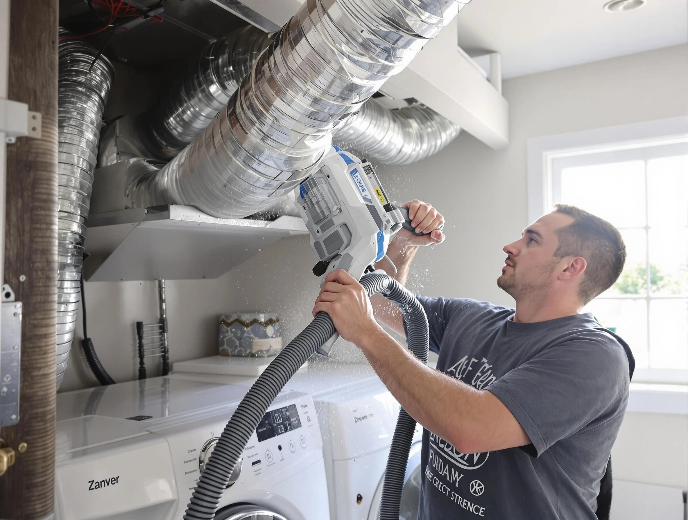 Marshfield Dryer Vent Cleaning specialist cleaning deep within a dryer vent duct system in Marshfield